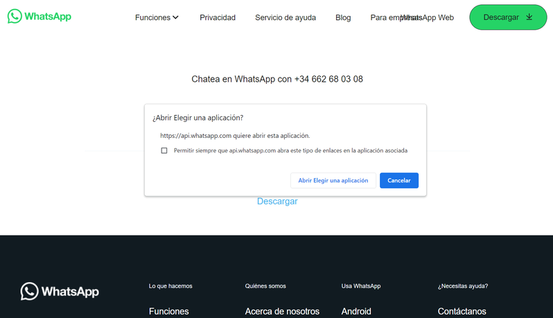 Cuando el usuario hace clic sobre el botón de WhatsApp se abrirá una pestaña nueva donde se pide permiso para abrir la aplicación de WhatsApp
