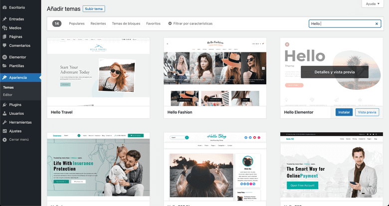 Hello elementor en el repositorio de temas de WordPress