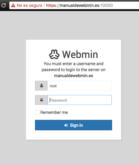 Como acceder a Webmin - Paso 1 - Pantalla de acceso