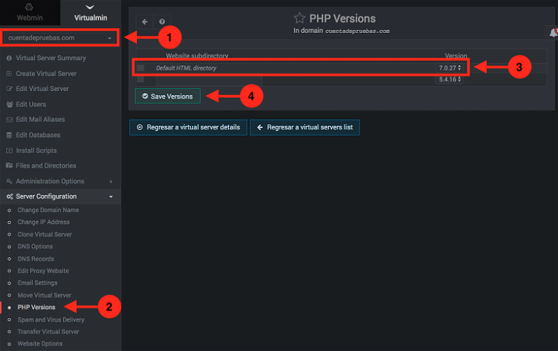 Como cambiar la version de PHP en webmin