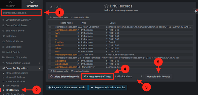 Como configurar los registros DNs en virtualmin