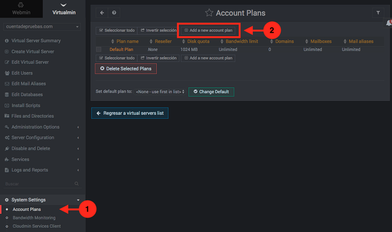 Como crear planes de virtualmin - paso 1