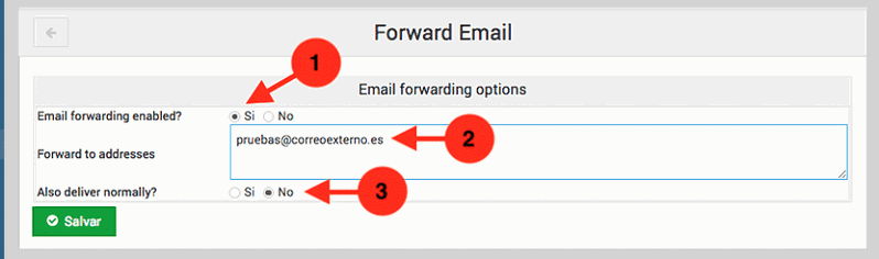 Como crear una redireccion de correo en usermin - paso 2