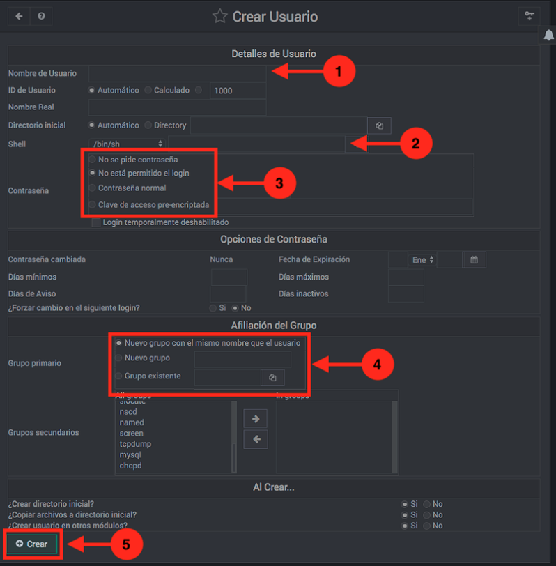 Como crear usuarios de sistema en Webmin