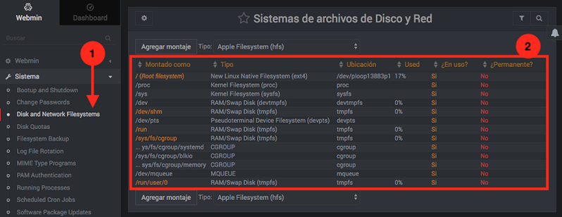 Como montar sistemas de ficheros en Webmin - Paso 1