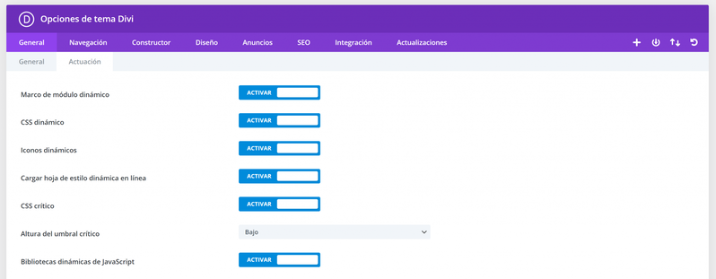 Opciones de tema Divi actuación