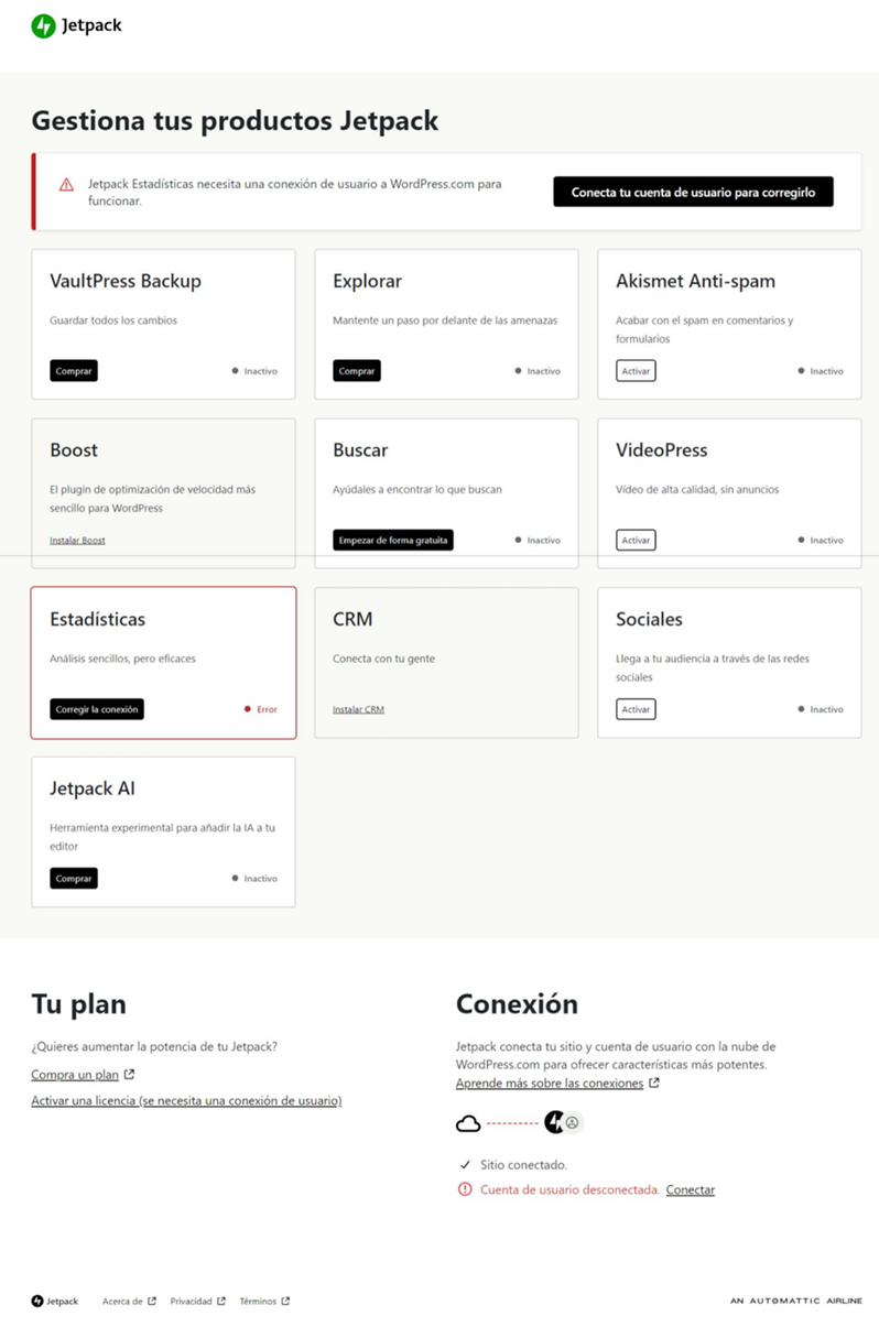 Gestiona tus productos Jetpack