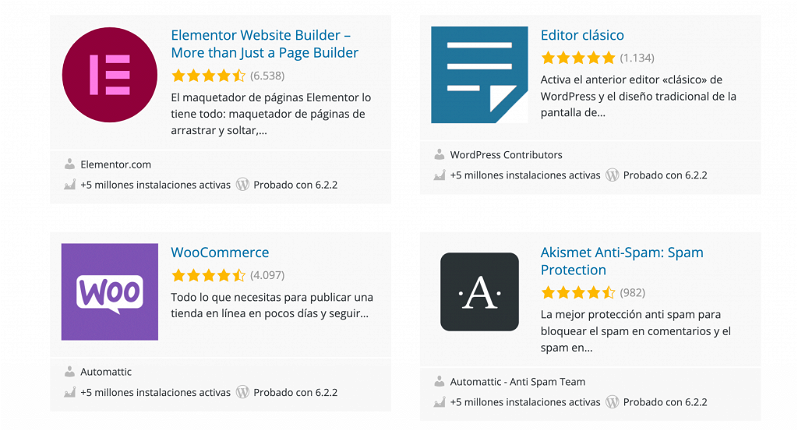 Algunos de los plugins WordPress más famosos son Elementor, WooCommerce, el Editor Clásico o Akismet.