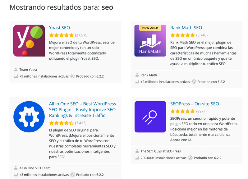 Plugins del repositorio que incluyen términos relacionados con el SEO en sus descripciones.