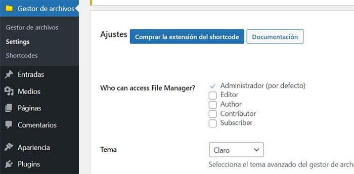 Ajustes plugin de administración de archivos