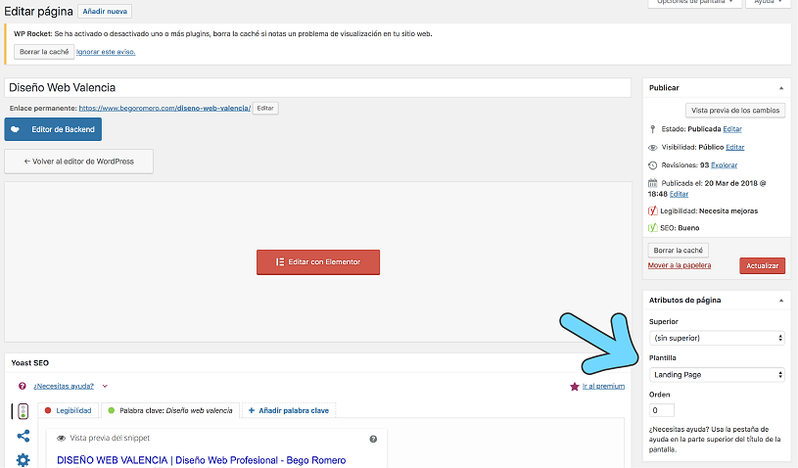 Opción para crear landing page en WordPress