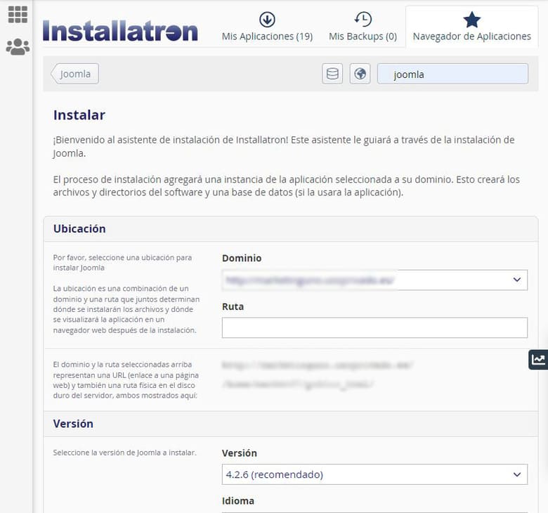 Antes de realizar la instalación de Joomla! con Installatron puedes configurar algunas opciones.
