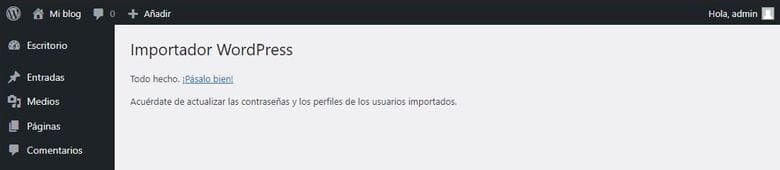 Mensaje de confirmación después de importar el contenido de tu blog.