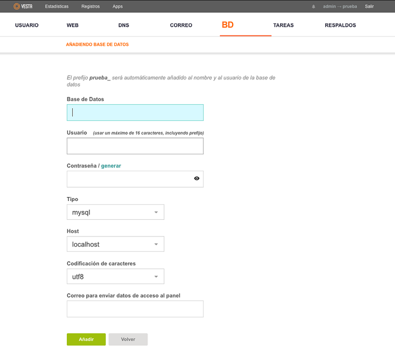 crear nueva base de datos en vestacp 3