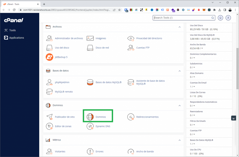 nombre dominios cpanel