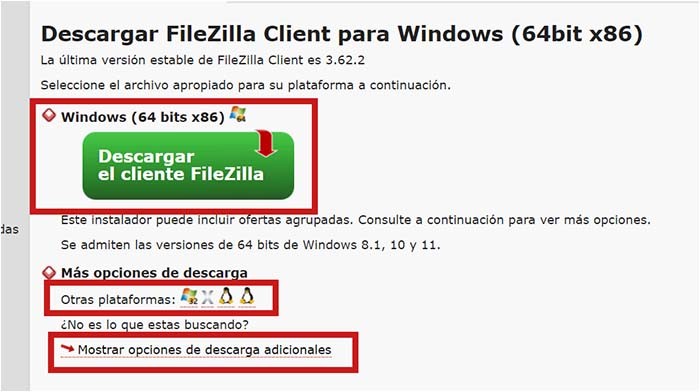 Descargar cliente FTP FileZilla para Windows