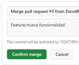 Confirma el fusionado de ramas pulsando el botón "Confirm merge".