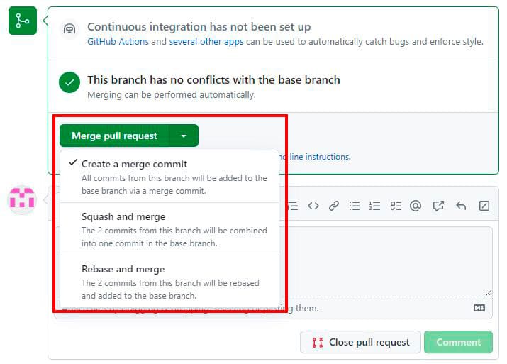 Al fusionar dos ramas tienes 3 opciones: merge, squash o rebase.