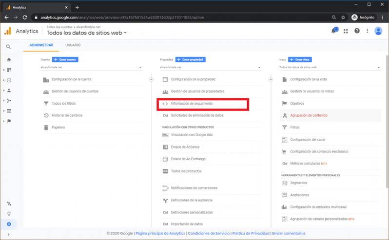 información de seguimiento analytics