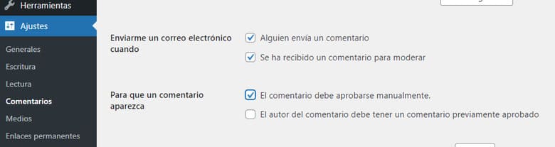 Guía de SEO para WordPress 6 Ajustes → Comentarios → Para que un comentario aparezca