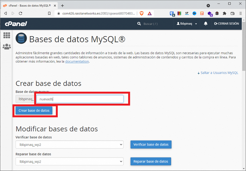 Crea una base de datos MySQL para WordPress desde cPanel