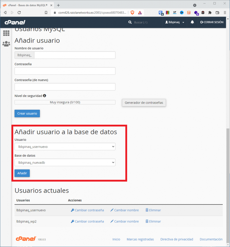Añade un usuario a una base de datos MySQL desde cPanel