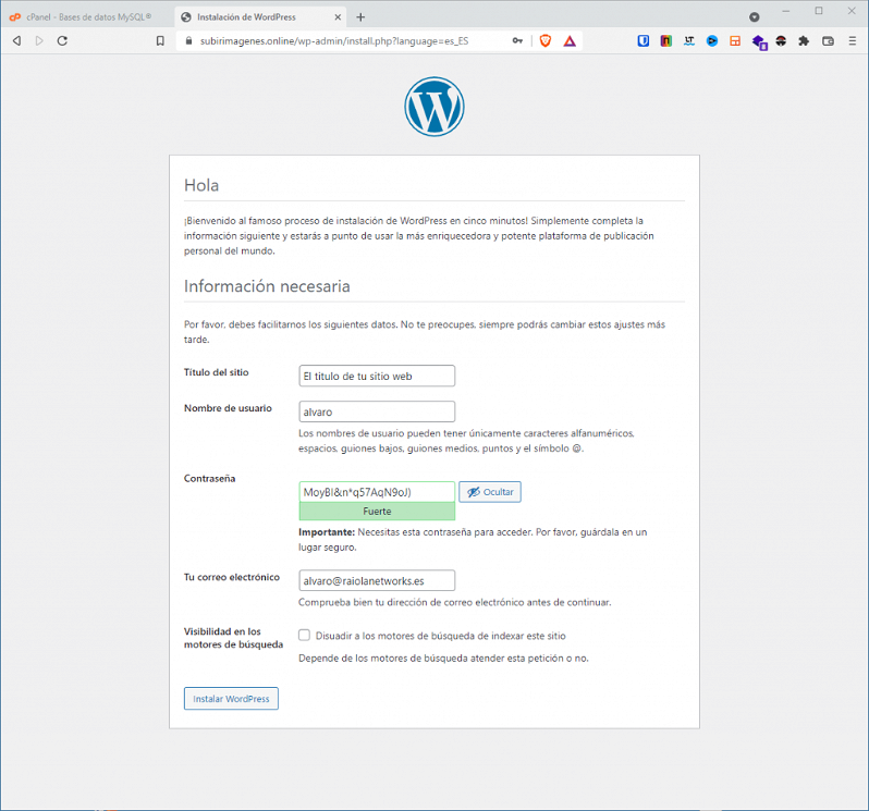 Datos para instalar WordPress