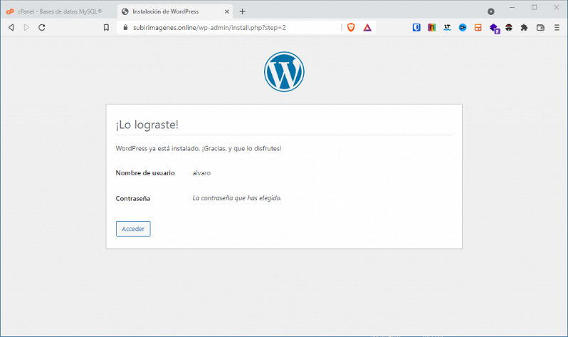 Finalización de la instalación de WordPress