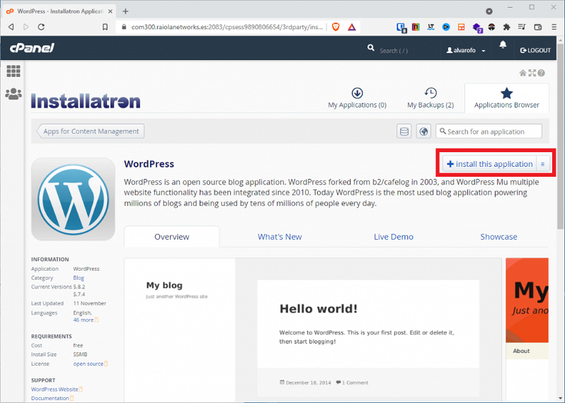 Instalar WordPress desde cPanel con Installatron