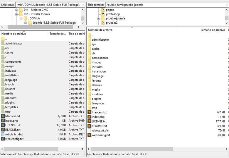 Despues de unos minutos los archivos de Joomla! estarán subidos a tu hosting.