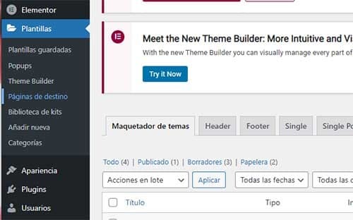 Menú de configuración de Elementor para las páginas