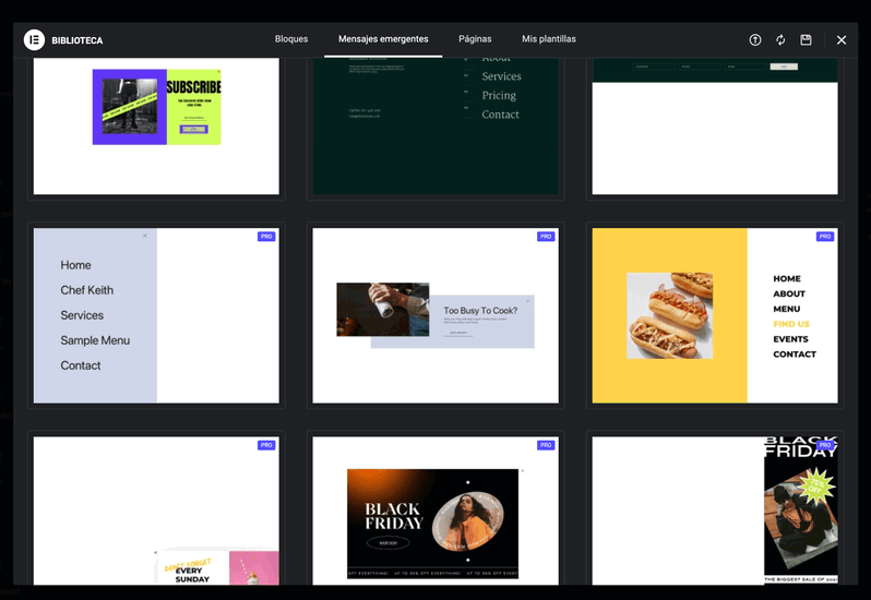 Librería de popups o mensajes emergentes incluida con Elementor Pro