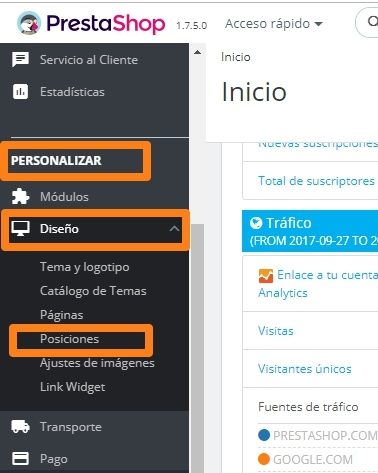 Posiciones de los modulos de Prestashop