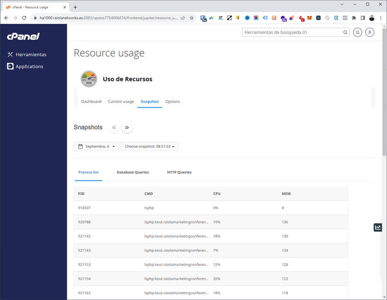 uso de recursos panel de control cpanel cloudlinux