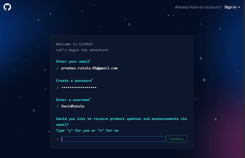 Página de registro de GitHub.